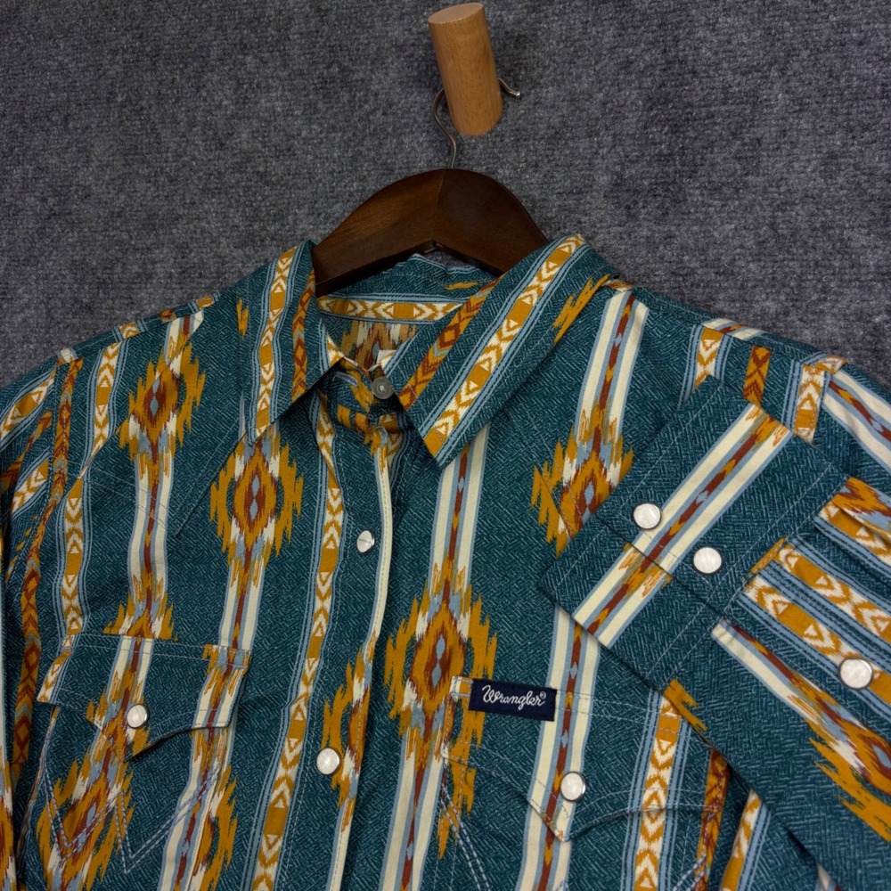 Wrangler Retro Western Shirt Womens Small Teal Ikat Snap Long Sleeve 112371688